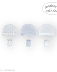 Stork And Baby Mothers Choice 3 pack newborn hats and mittens in white, pale blue, and patterned white.