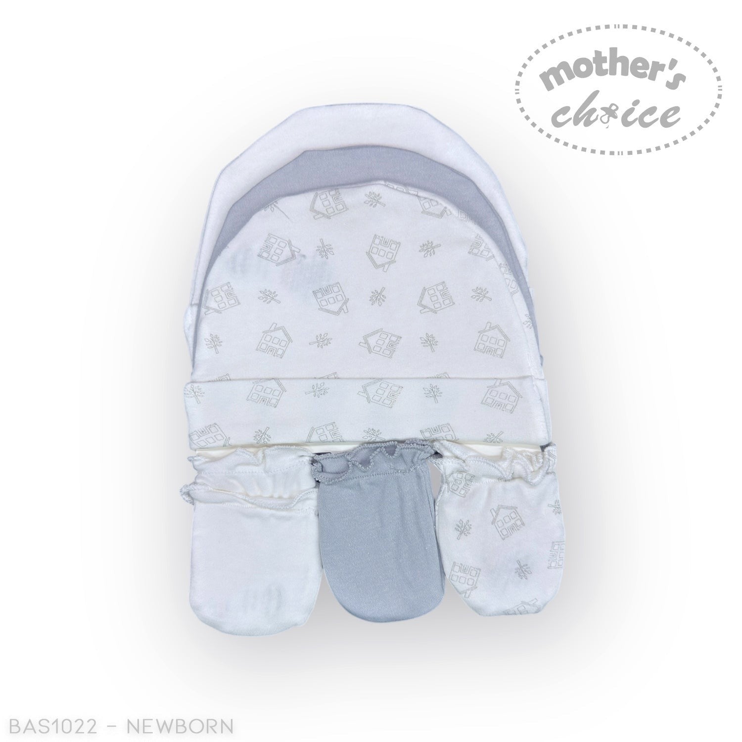 Stork And Baby Mothers Choice 3 pack newborn hats and mittens in white and grey with house print
