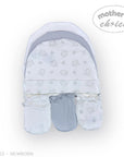 Stork And Baby Mothers Choice 3 pack newborn hats and mittens in white and grey with house print
