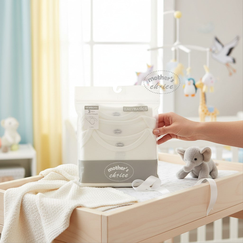 Stork And Baby white 3-pack long sleeve bodysuits for newborns, made of soft cotton for comfort.