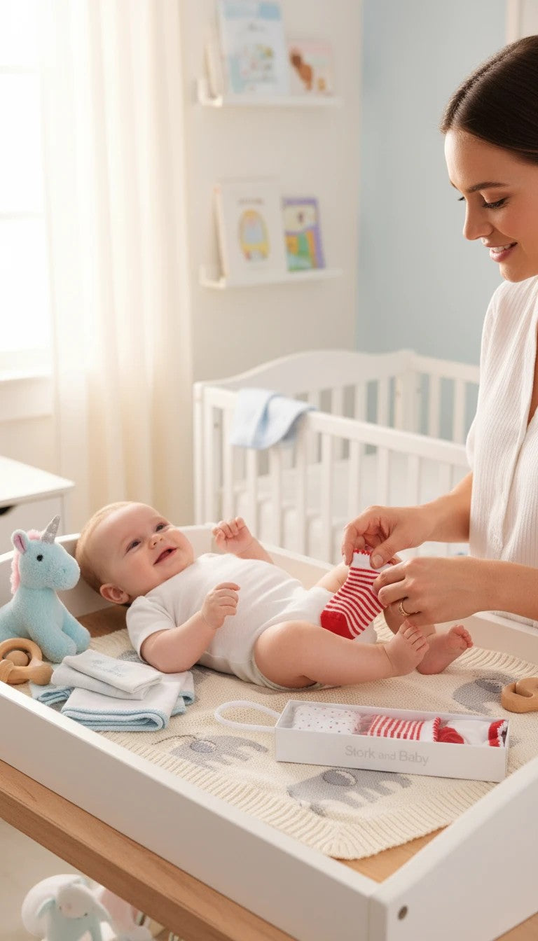 Stork and Baby newborn 3 pack socks, red and white stripes and polka dots, cotton blend, gentle stretch fit.