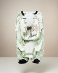 Stork And Baby 5-piece newborn starter set in light green with a floral pattern, featuring a babygrow, onesie, bib, and mittens with a bow detail.