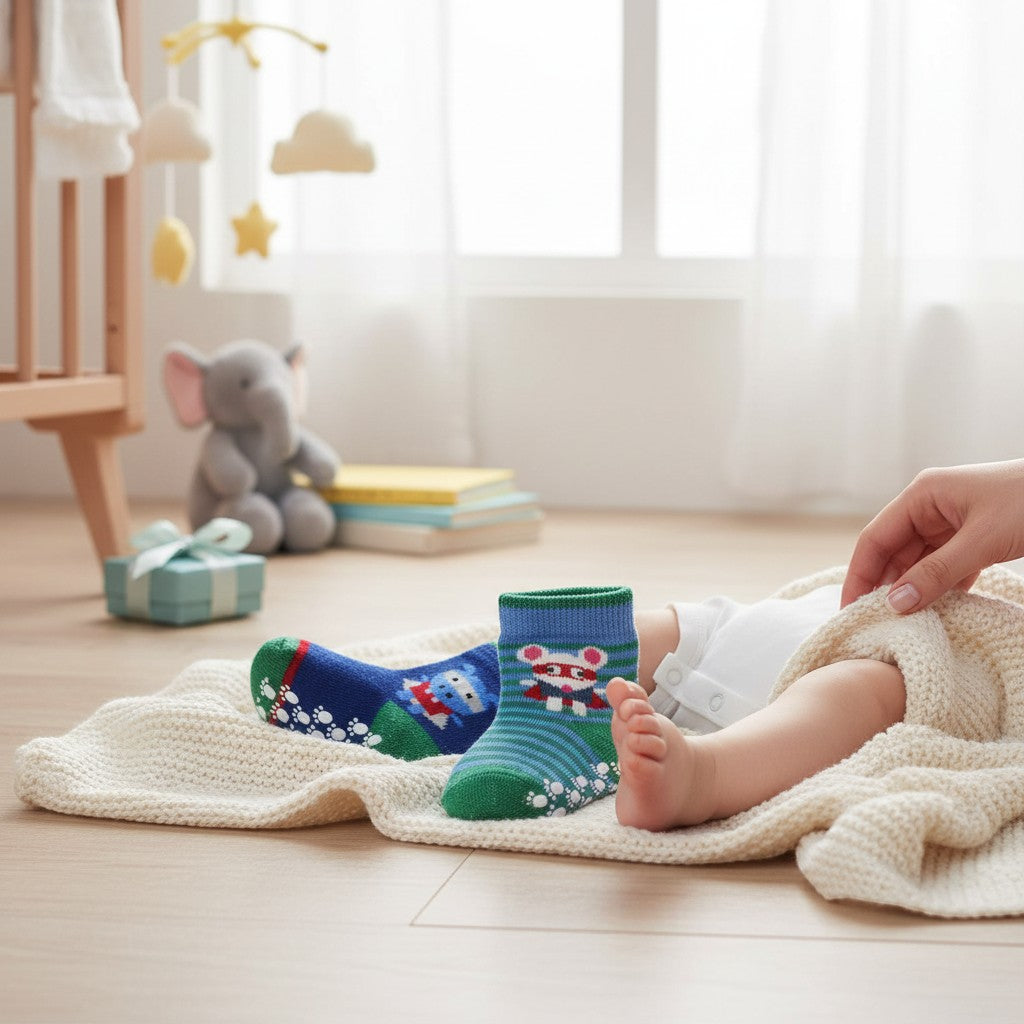 Stork And Baby boys' 2-pack non-slip socks with blue and green stripes and mouse graphics. Soft, grippy bottoms.