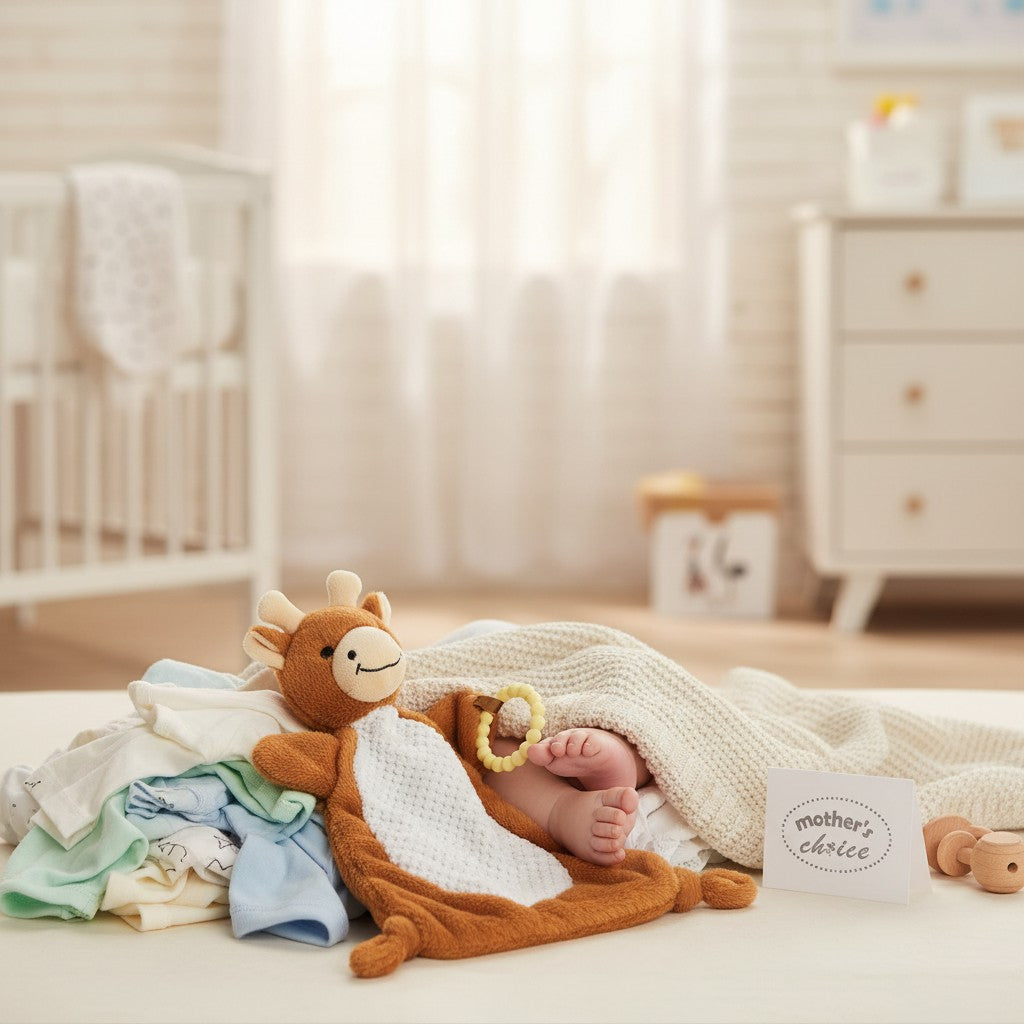 Stork And Baby Mothers Choice Nunu Blanket Giraffe with baby feet and a yellow teether.