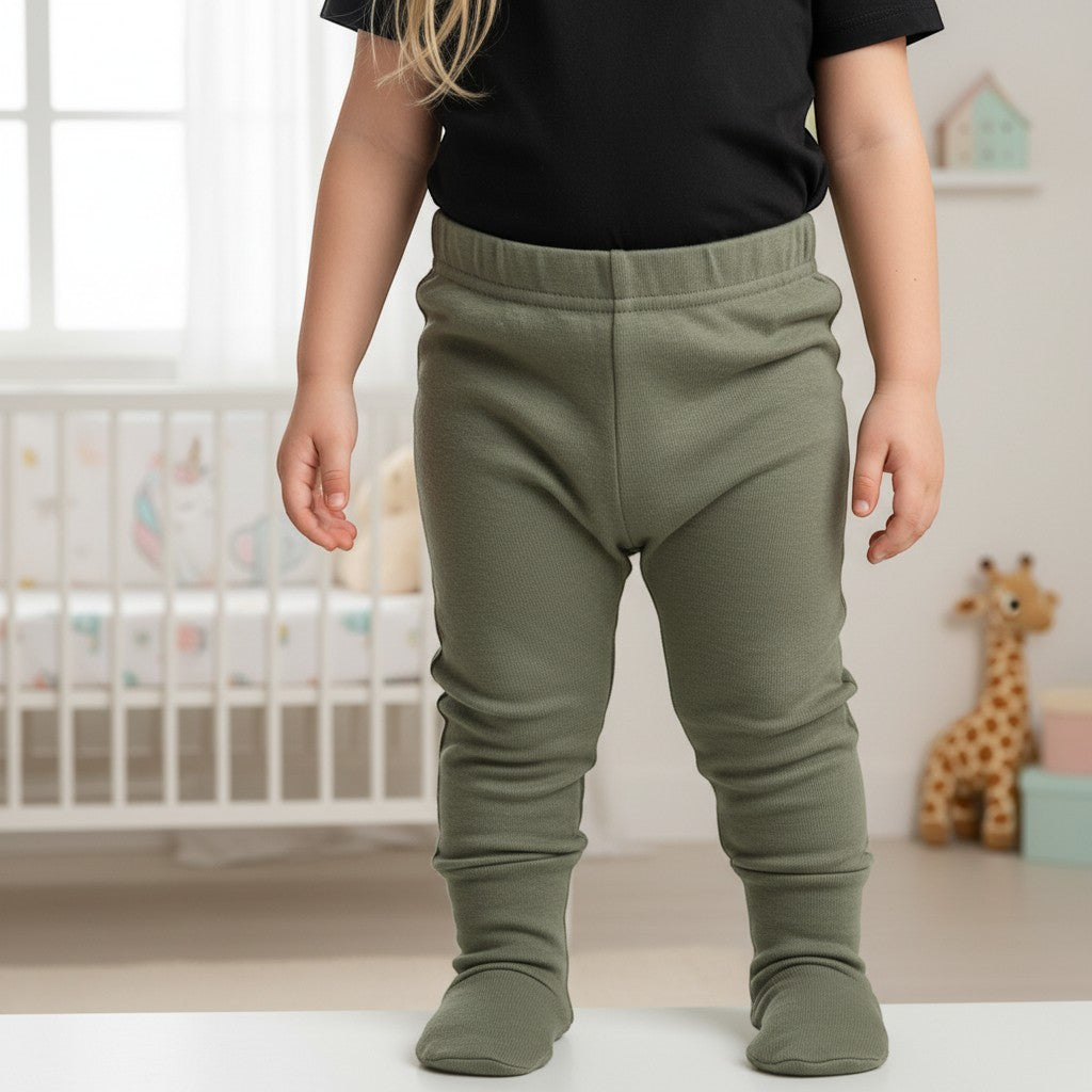 Stork And Baby olive green 100% cotton baby leggings with a comfortable stretchy fit.