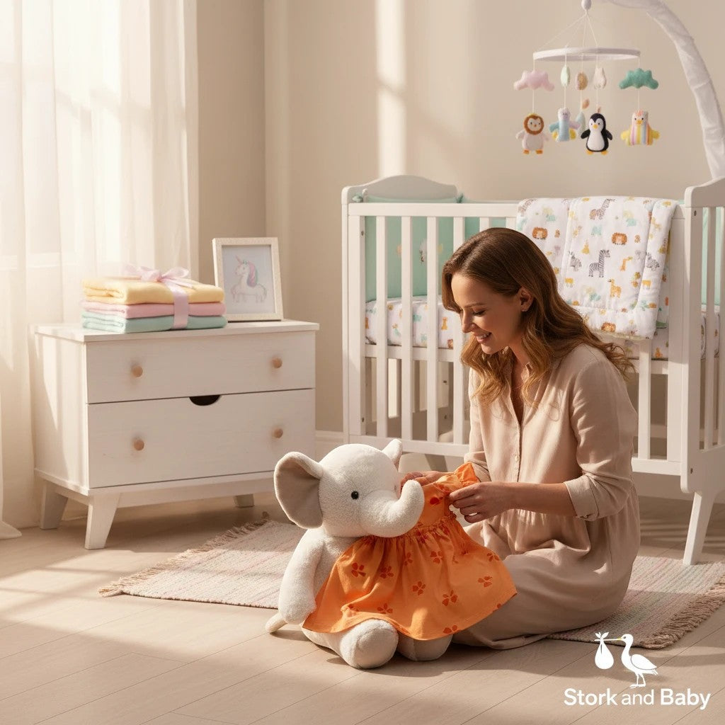 Stork and Baby orange infant girls dress set with a playful pattern, shown on a stuffed elephant.