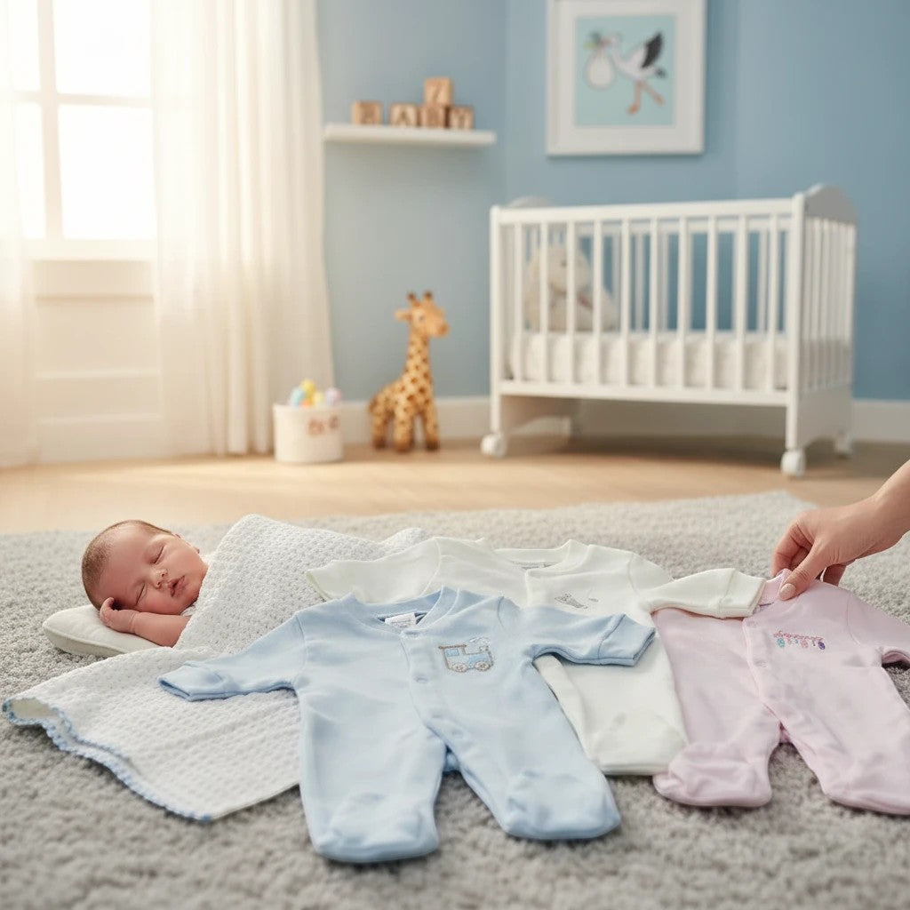 Stork And Baby pastel babygrows in pink, blue, and white. 100% cotton, long-sleeved with snap closures. A sleeping baby lies nearby.