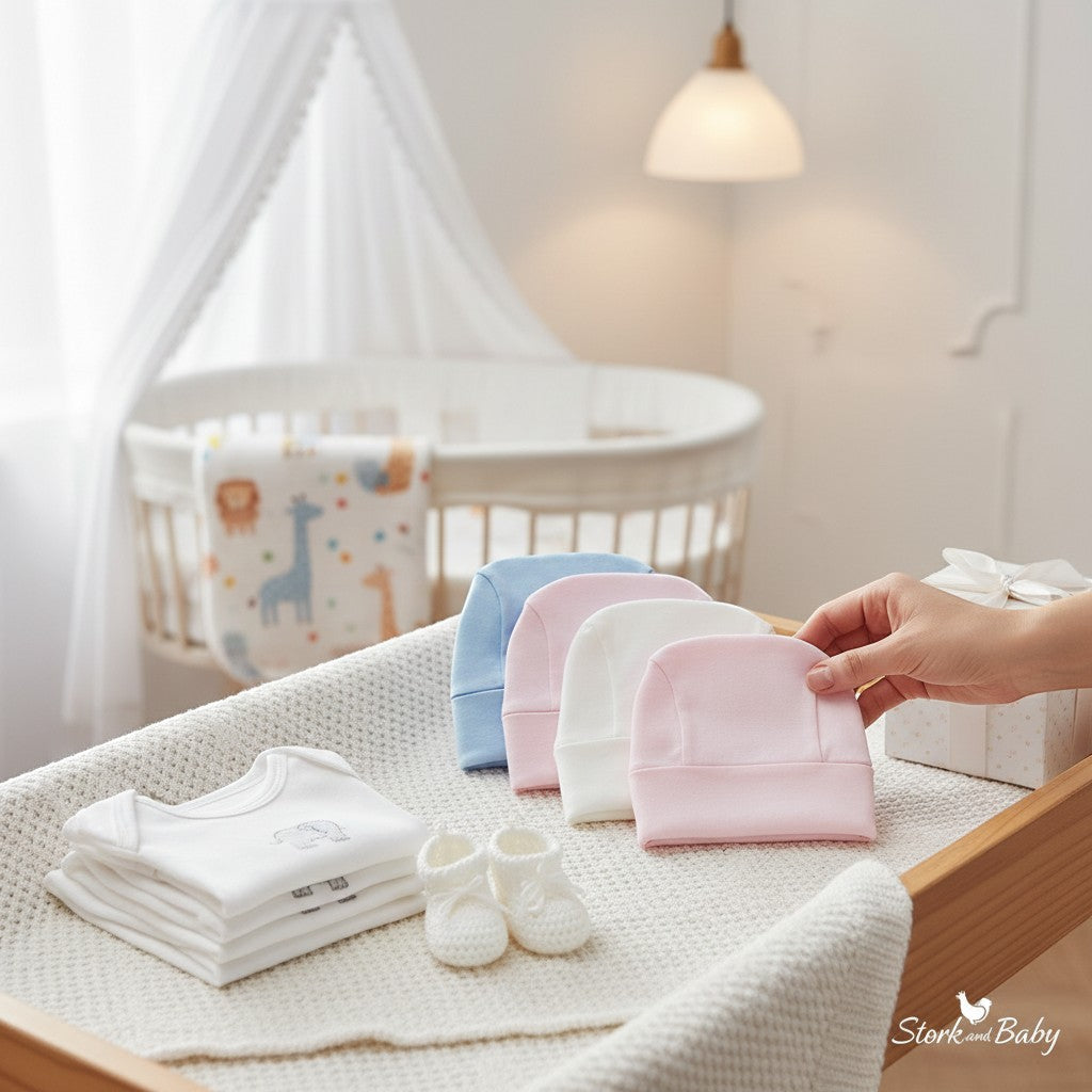 Stork And Baby pastel baby beanies in pink, white, and blue, made of 100% cotton.