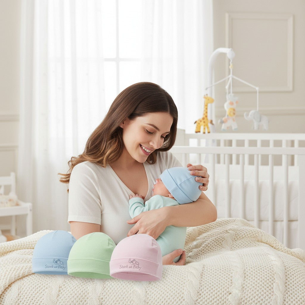 Stork And Baby pastel bonnets in blue, green, and pink, made of 100% cotton with round tops.
