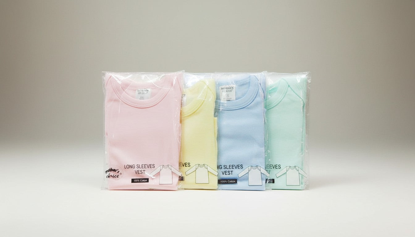 Stork And Baby pastel long sleeve baby vests in pink, yellow, blue, and mint green. 100% cotton.