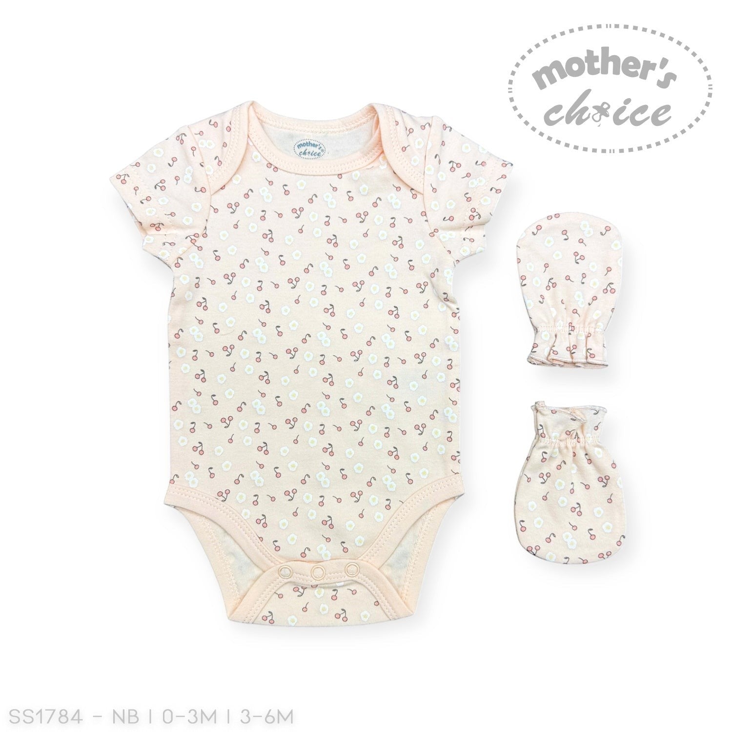 Stork And Baby peach cotton interlock babygrow with cherry print, includes matching mittens. Short sleeves, envelope neckline.