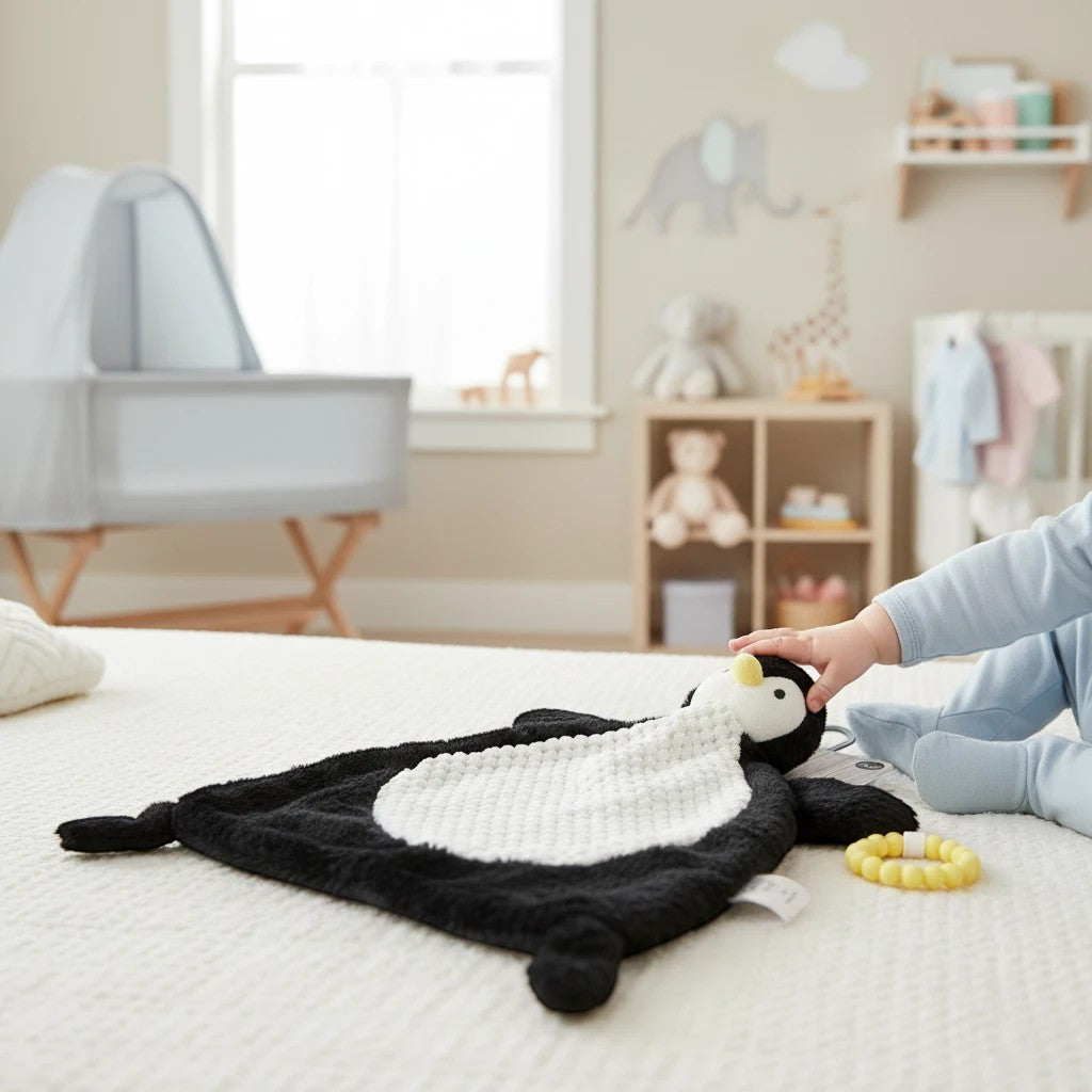 Stork And Baby Mothers Choice Nunu Blanket Penguin, a black and white plush toy with a textured white belly and yellow beak.