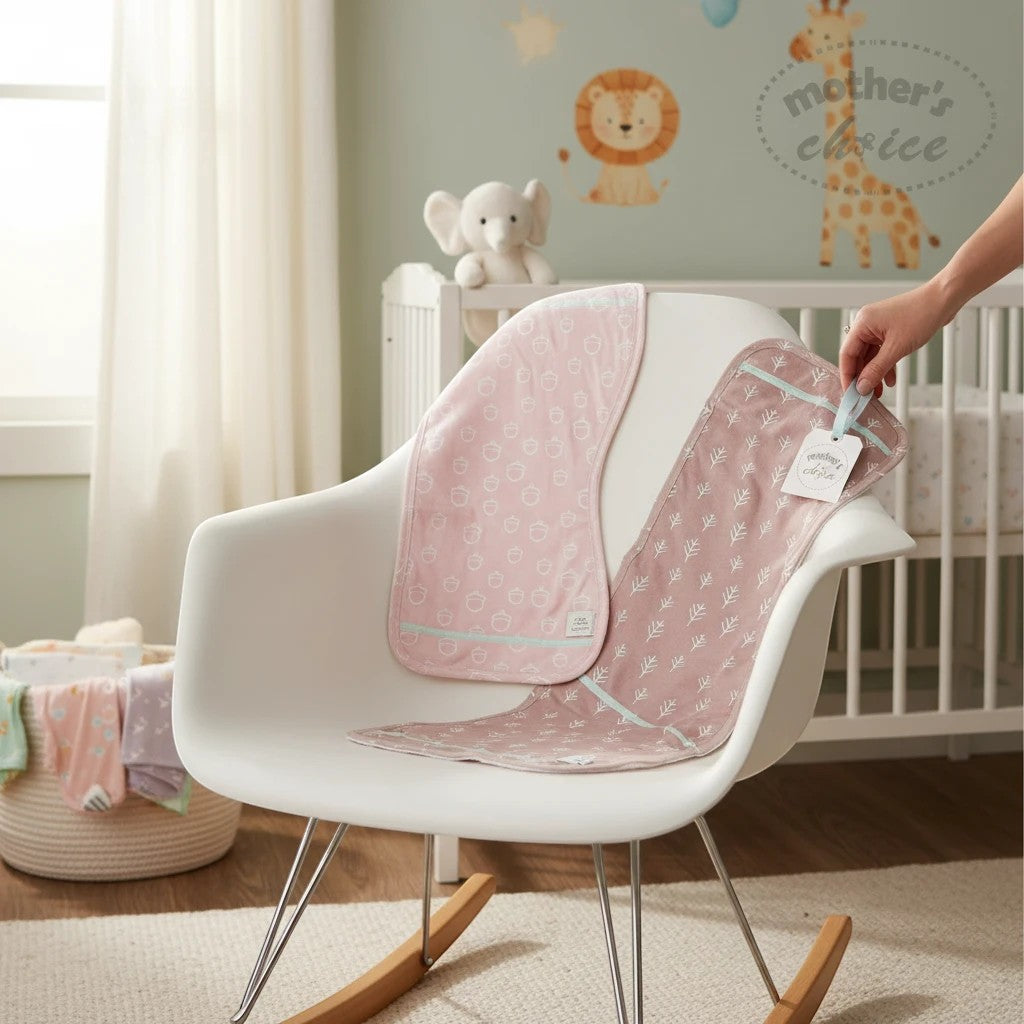 Stork And Baby Mothers Choice 2-pack pink bamboo burp cloths with acorn and leaf prints.
