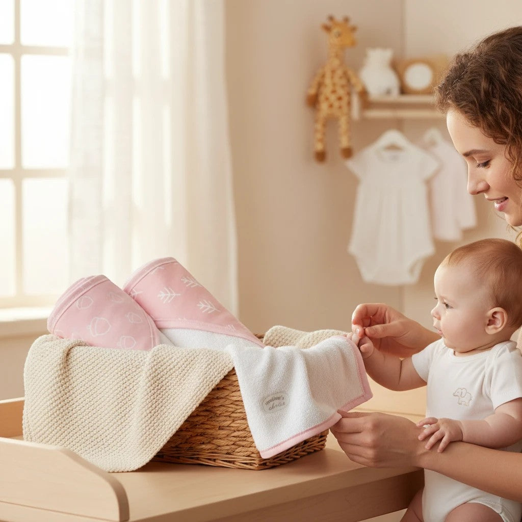 Stork And Baby pink bamboo blend hooded towels with acorn and leaf print, 75x75cm
