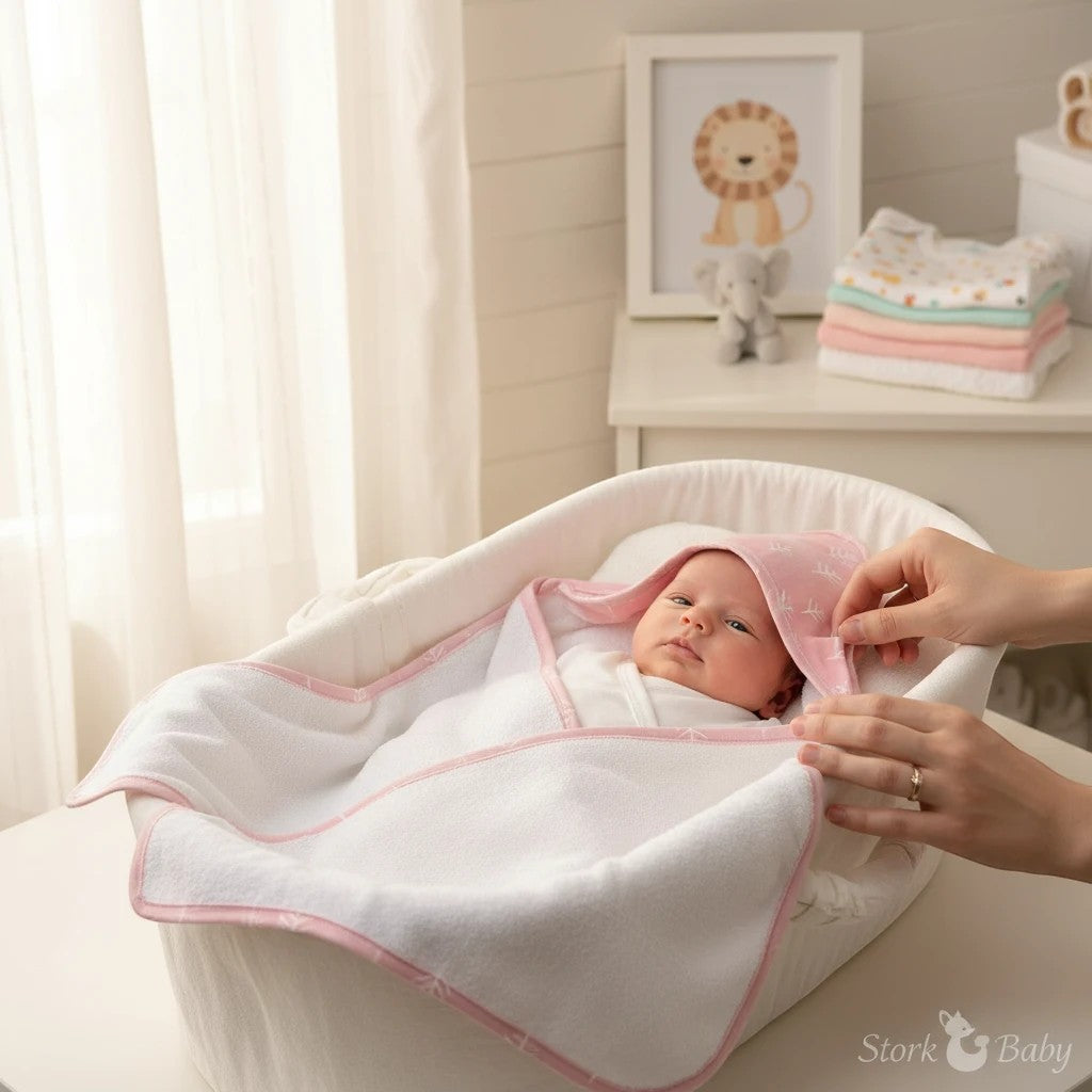 Stork And Baby pink bamboo hooded baby towel with white terry cloth lining and delicate pattern