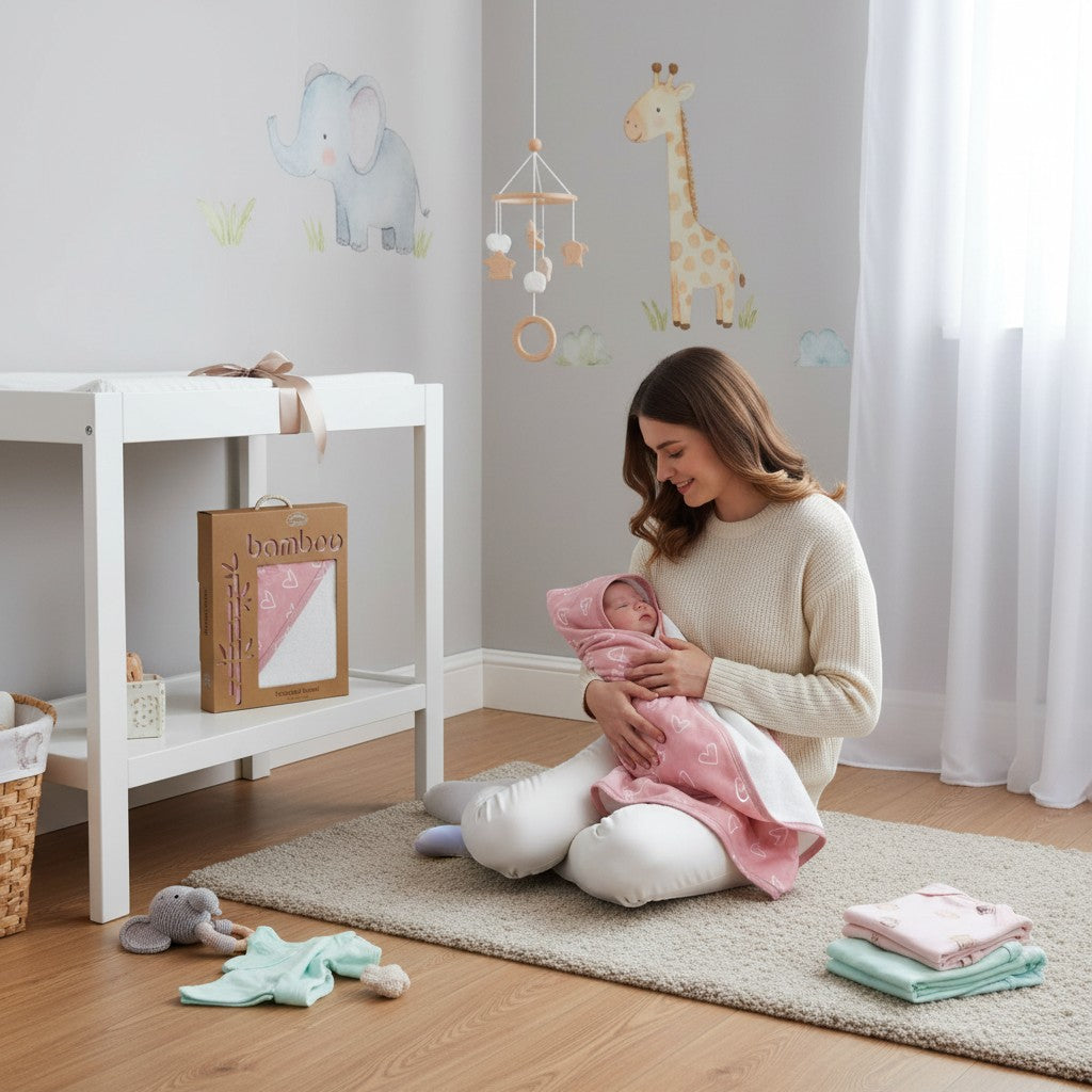 Stork And Baby pink bamboo hooded towel with heart pattern, held by a woman with a newborn baby.