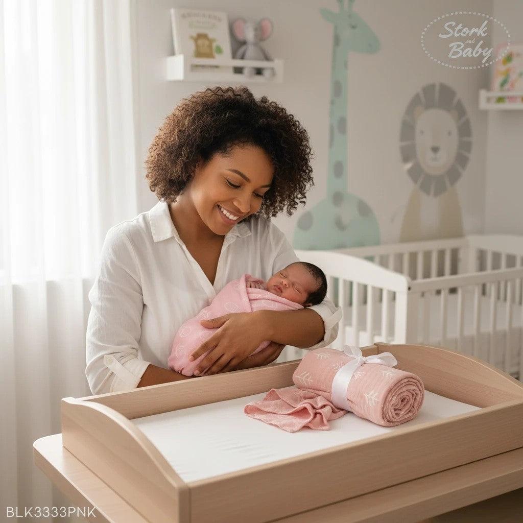 Stork and Baby pink bamboo cotton muslin wrap for newborns, 100x100cm, with a subtle leaf print.
