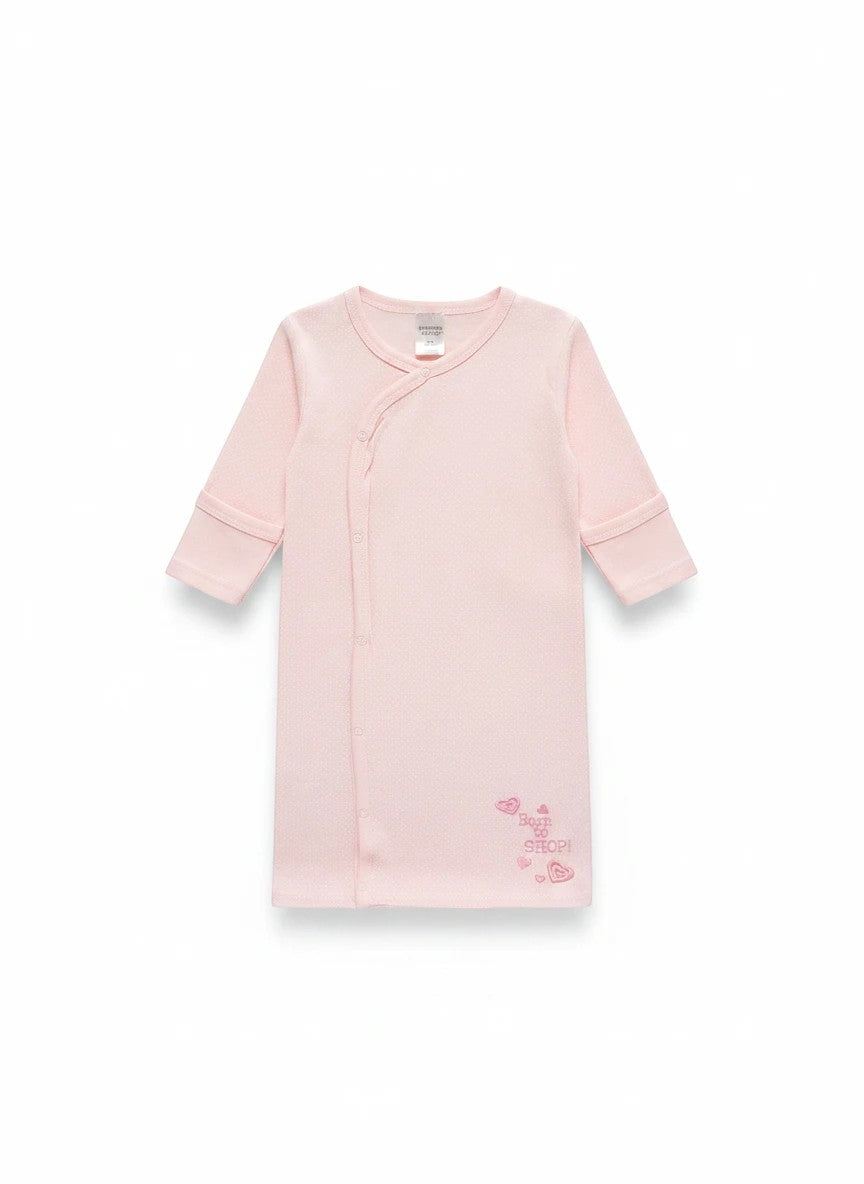 Stork And Baby pink cotton baby sleeping bag with Born To Shop embroidery and side snap closure for cozy nursery wear.