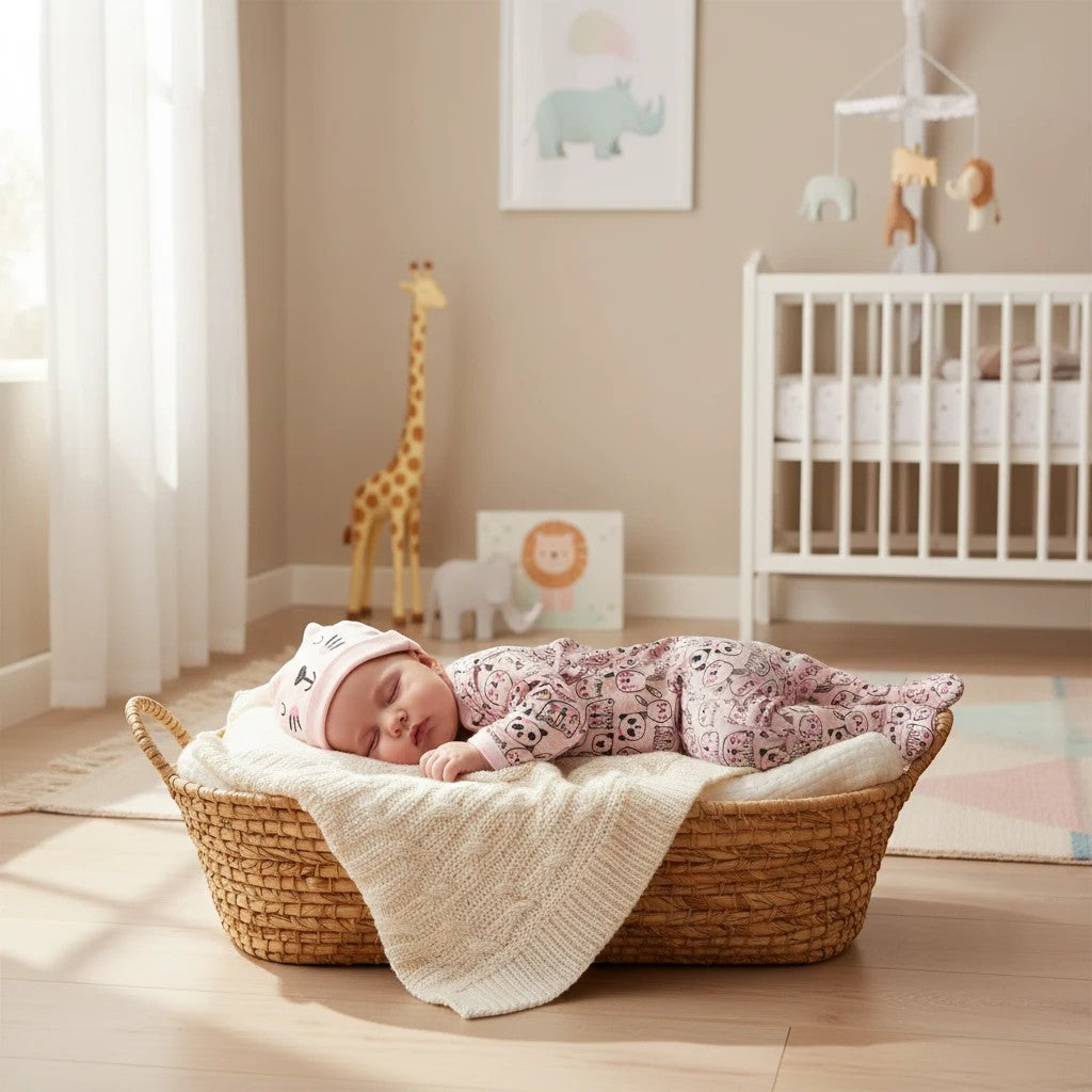 Stork And Baby pink creature print baby grower and hat set made of soft cotton, featuring a sleeping baby.