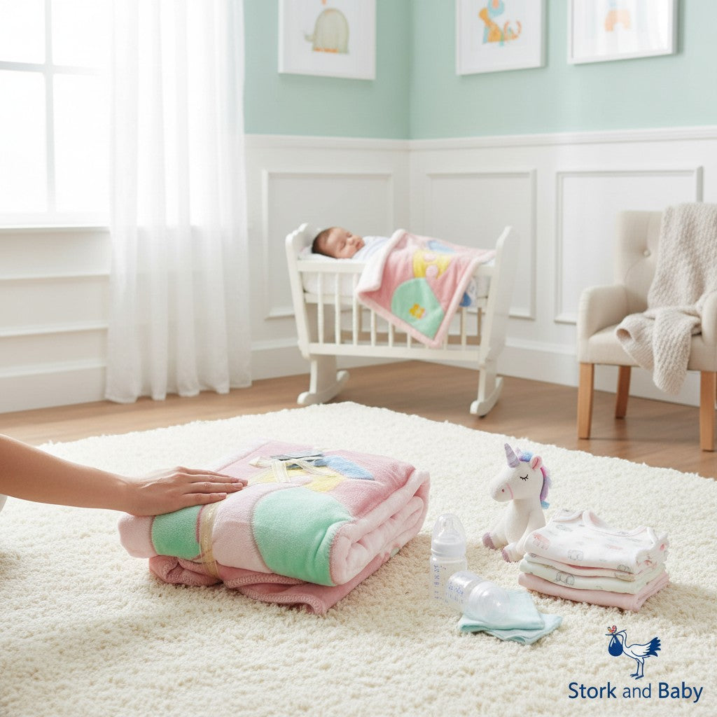 Stork and Baby pink cutwork blanket with house applique, soft fleece material, perfect for infants.