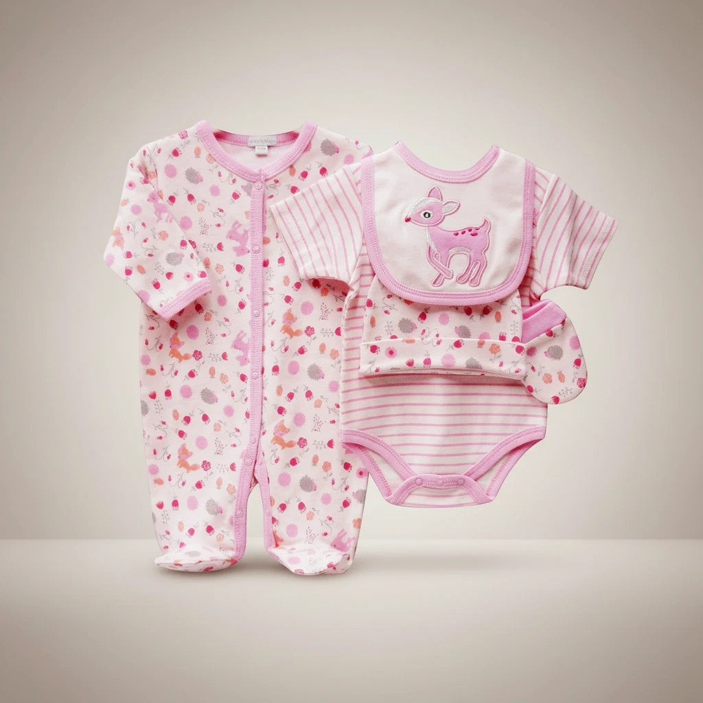 Stork And Baby pink deer 5-piece newborn starter pack with babygrow, onesie, bib, and mittens. Soft cotton fabric.
