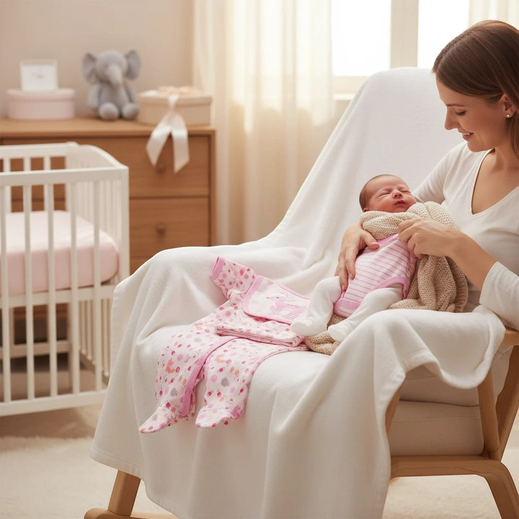 Stork And Baby Mothers Choice 5 Piece Starter Pack 'Pink Deer' newborn clothing set with pink deer print and stripes.