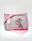 Stork And Baby pink diaper bag with zebra and butterfly embroidery, grey zebra print sides, and pink strap.