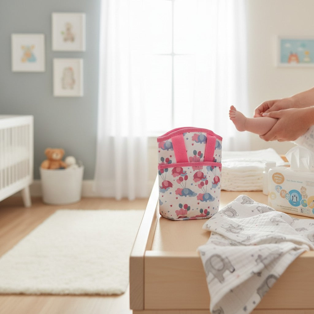 Stork And Baby insulated bottle warmer bag in Pink Elie pattern with elephants and balloons. Ideal for travel.