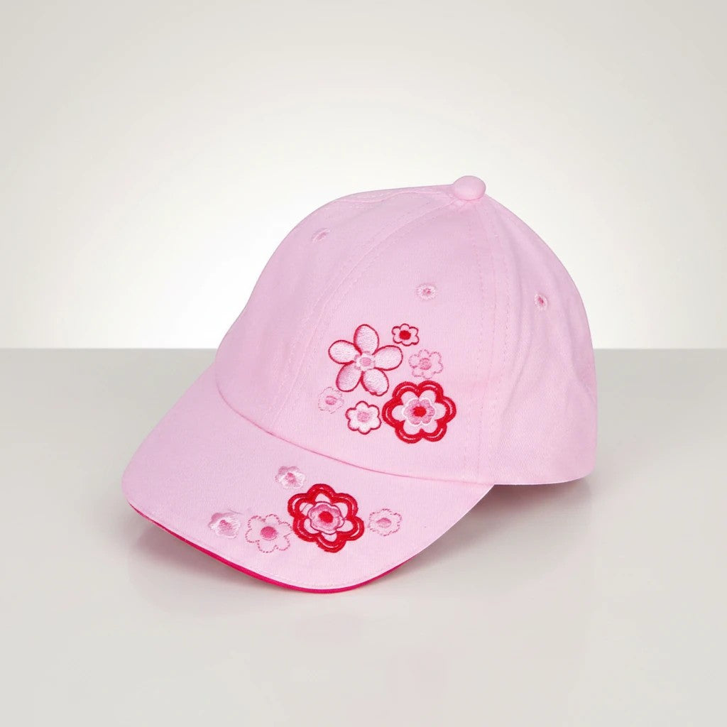Stork And Baby pink embroidered flower baseball cap for girls. Soft, comfortable, and stylish for everyday wear.