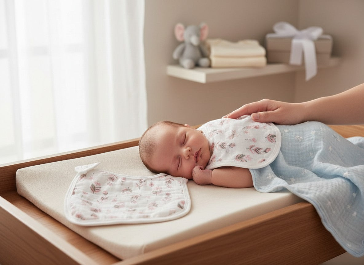 Stork And Baby 2 pack muslin bibs with pink feather design, soft, breathable, and gentle on baby's skin.
