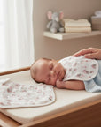 Stork And Baby 2 pack muslin bibs with pink feather design, soft, breathable, and gentle on baby's skin.