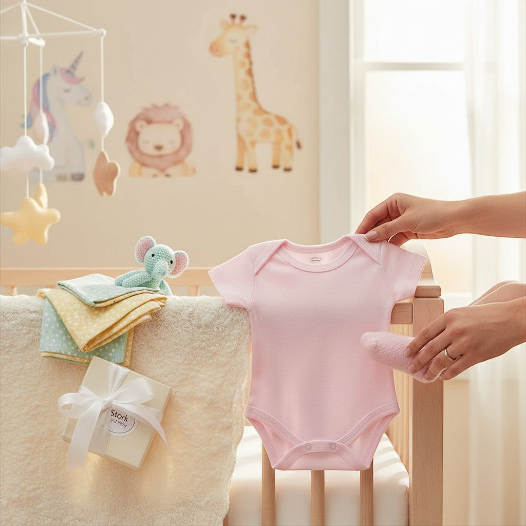 Stork And Baby pink short sleeve infant bodyvest made of soft cotton, perfect for newborns.