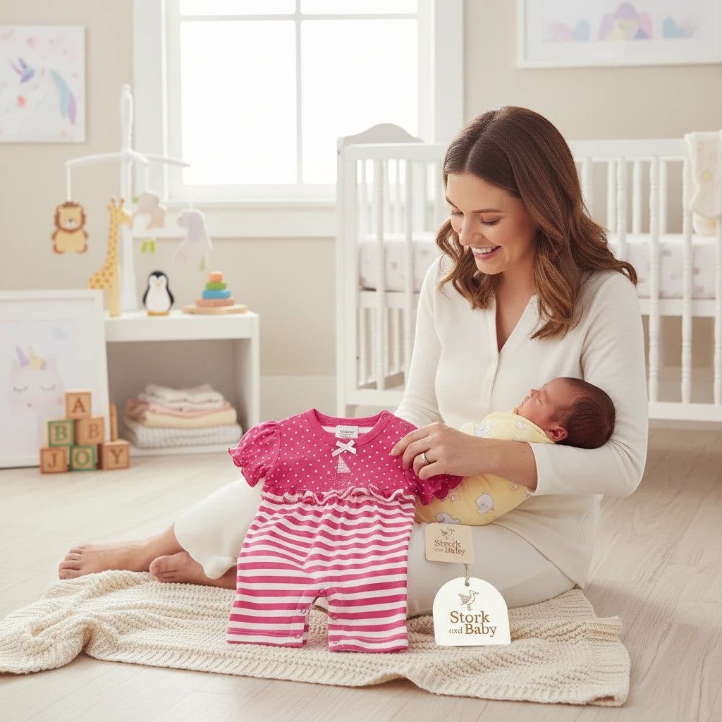 Stork and Baby pink polka dot and striped infant romper with ruffled waist and bow detail
