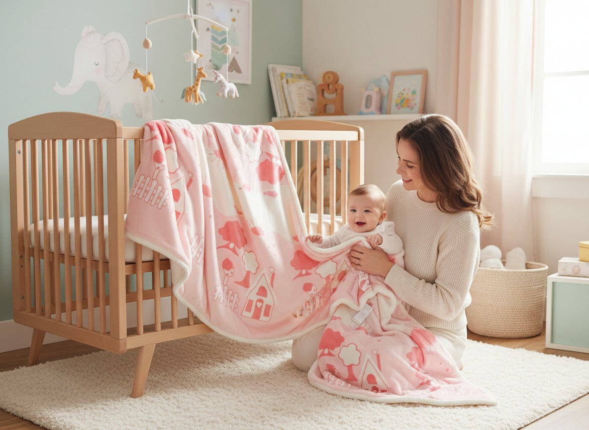 Stork And Baby pink and white infants cutwork blanket with house and tree print. A mother holds her baby next to a crib.
