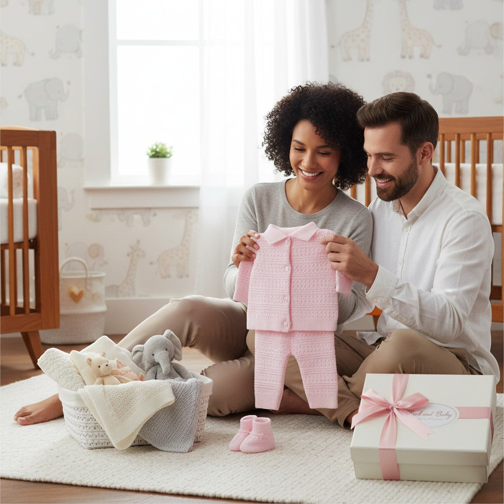 Stork And Baby pink knitted baby outfit with button-up cardigan and pants, with booties and gift box.