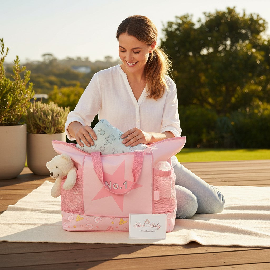 Stork And Baby pink nappy bag with a teddy bear and bottle holder, featuring a large star and 'No. 1' graphic.