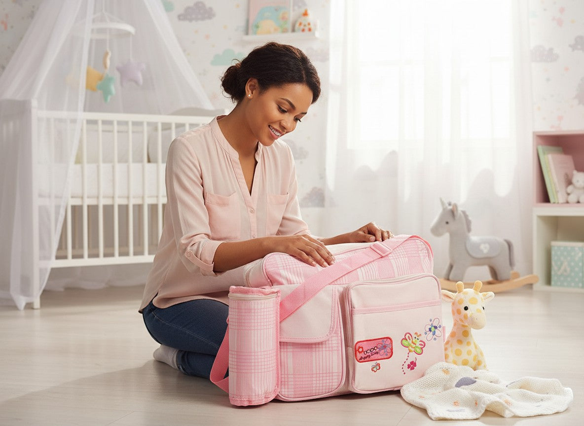 Stork And Baby Pink Nappy Bag Love with organized compartments and bottle holder. A woman is packing it in a nursery.
