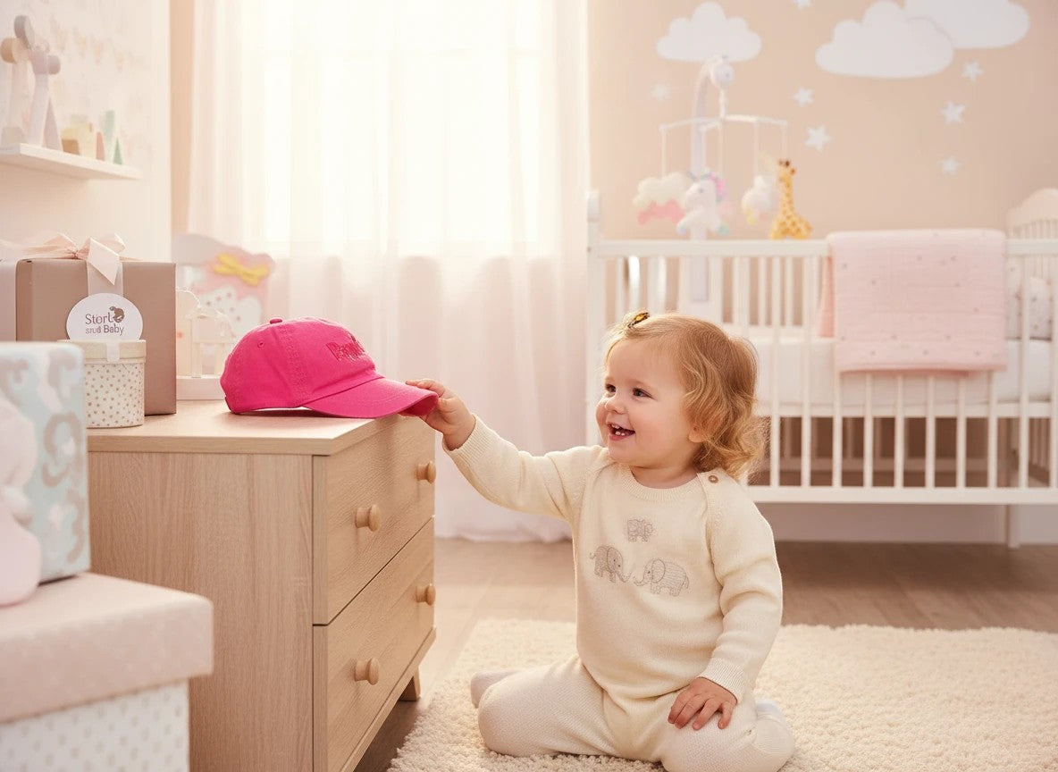 Stork And Baby bright pink cotton cap with 'Princess' embroidered on the front, shown with a smiling baby girl.
