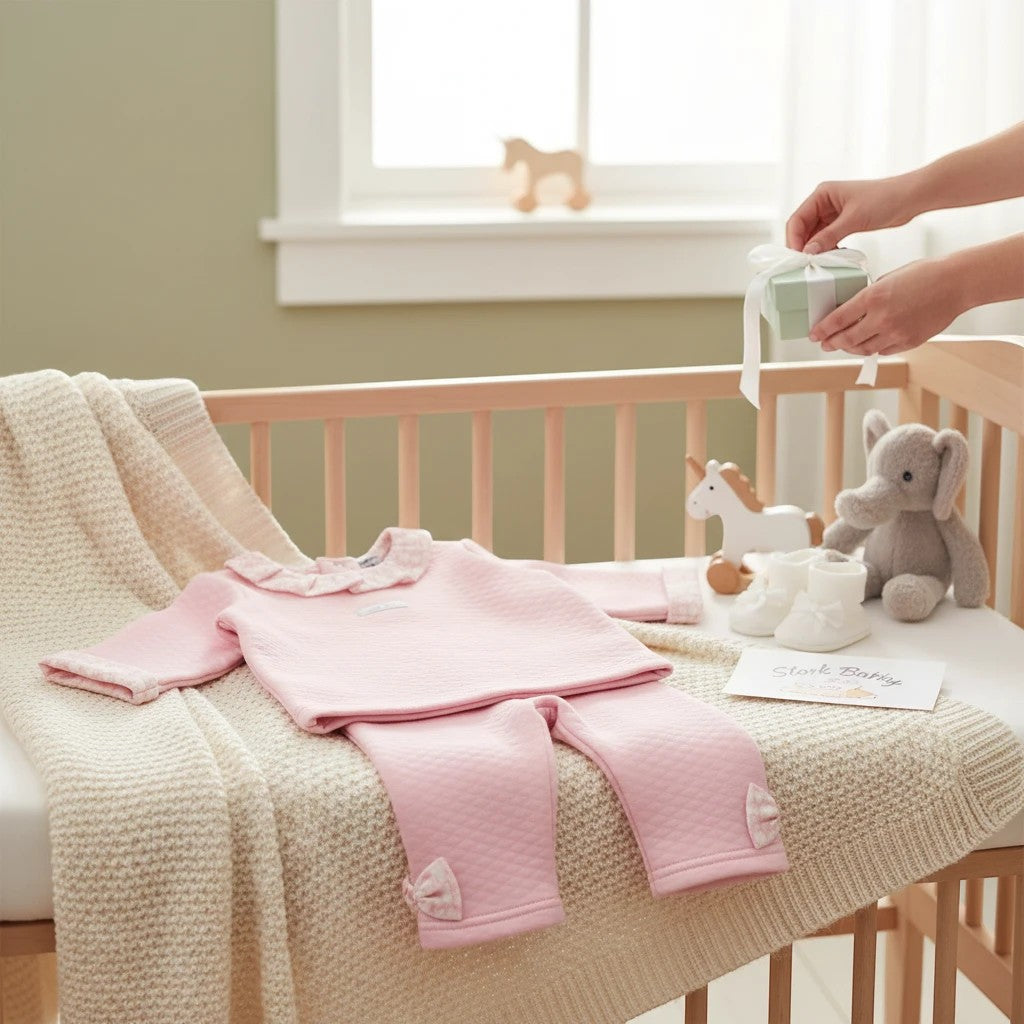Stork And Baby pink quilted 2-piece baby girl set with ruffled collar and bow accents on leggings.