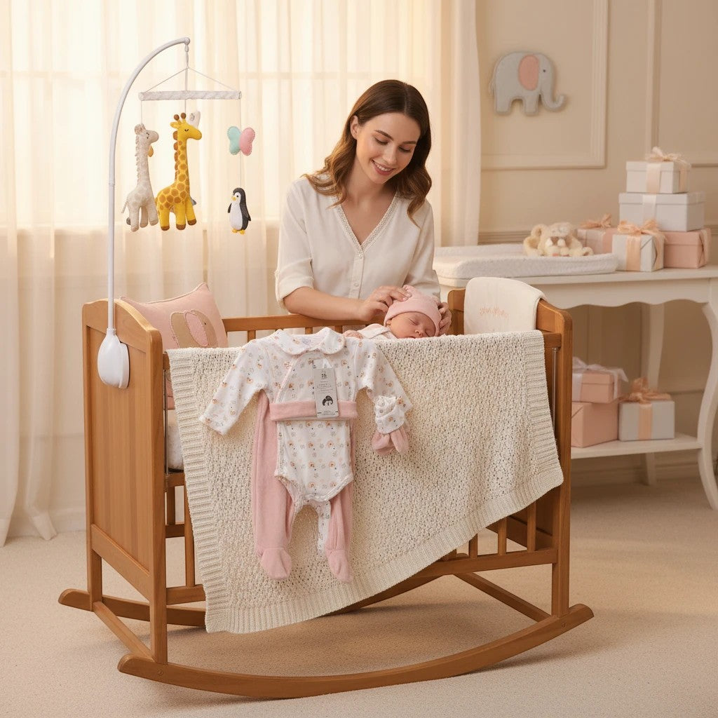 Stork And Baby Pink Rainbow starter pack with babygrow, bodysuit, hat, mittens, and blankie in a crib with a mother and baby.