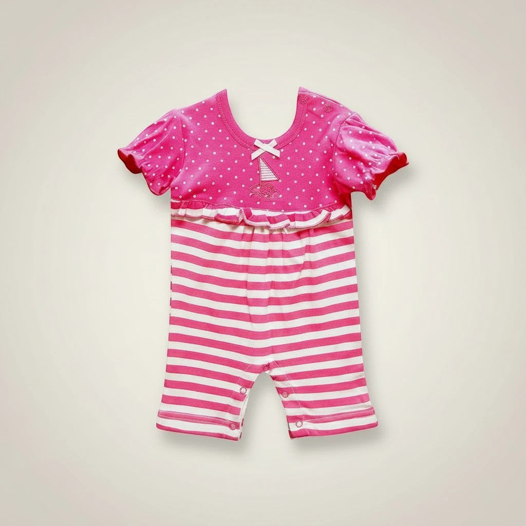 Stork And Baby pink polka dot and striped romper with sailboat embroidery and ruffled waist. Short sleeves.