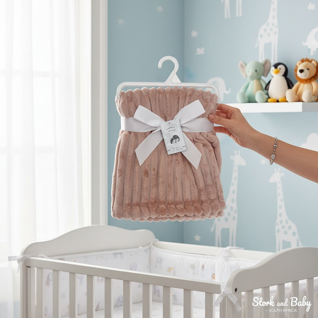 Stork and Baby pink single layer sherpa fleece blanket with ribbed texture, tied with a white ribbon.
