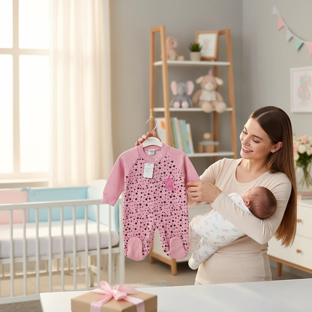 Stork And Baby pink star print infant grower with brushed inner for cozy comfort and warmth.