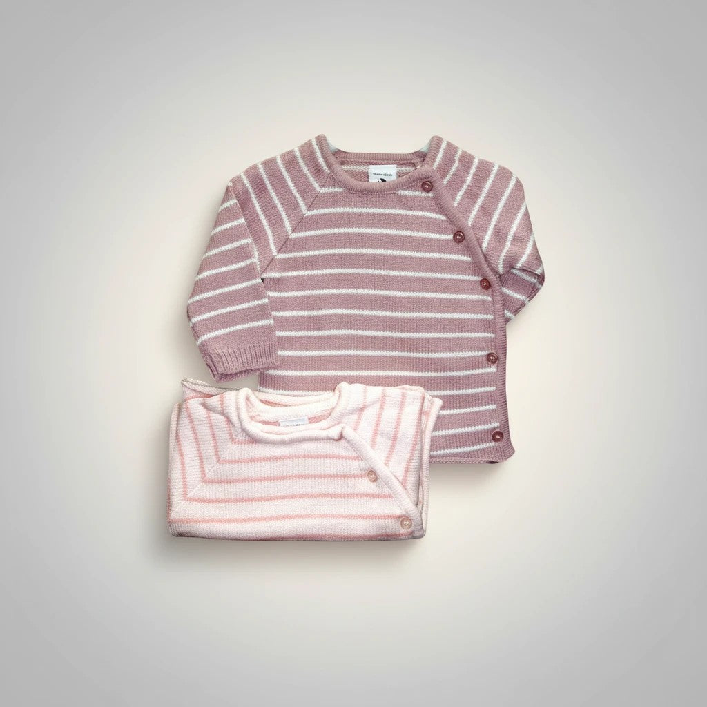 Stork And Baby pink and white striped knit baby cardigans, 2 pack. Soft knit for comfort.