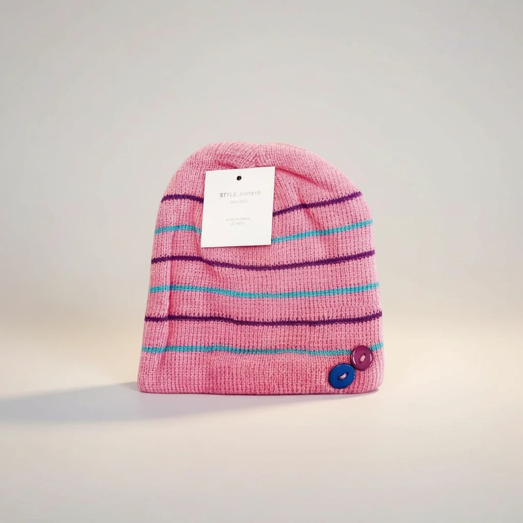 Stork And Baby pink striped knit infant winter hat with purple and blue button details