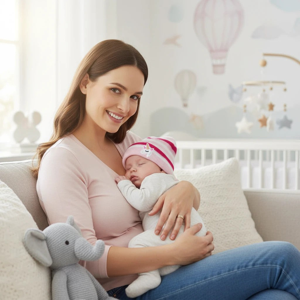 Stork And Baby pink striped knit infant hat with unicorn detail, worn by a sleeping baby held by a smiling mother.