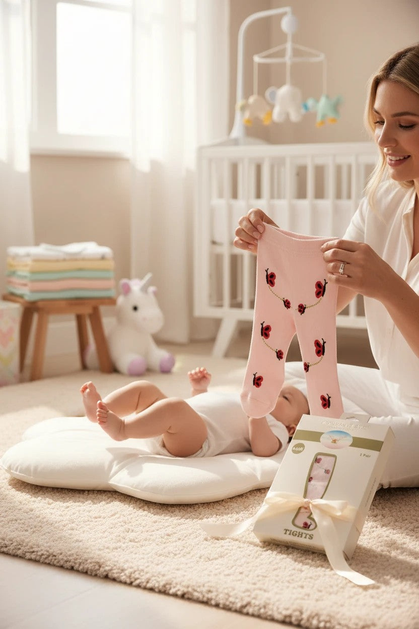 Stork And Baby pink baby tights with ladybug pattern, soft stretchy fit for all-day wear.
