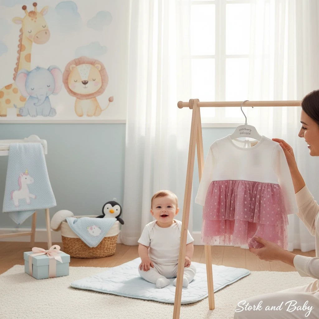 Stork and Baby white long-sleeve baby dress with pink polka dot tulle skirt, size 18M