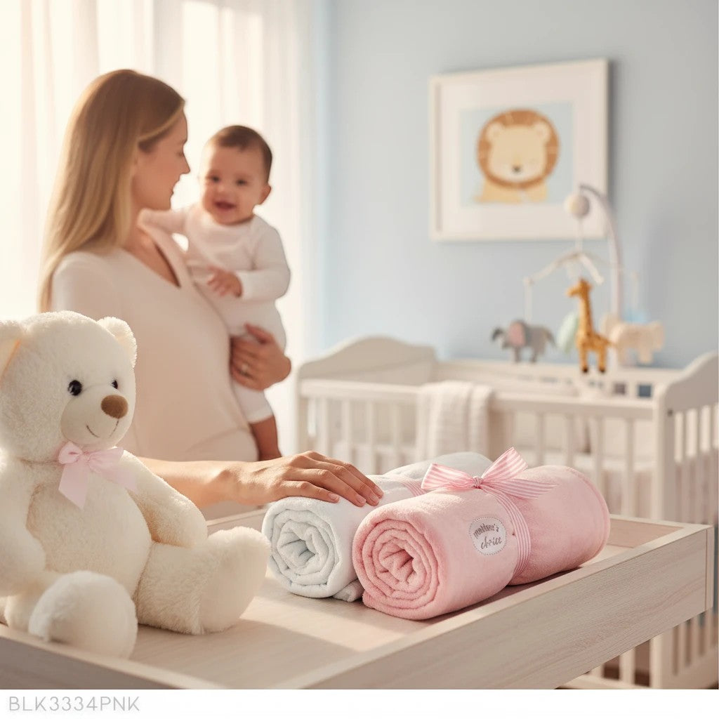 Stork And Baby pink velour cuddle rug, 95% polyester, 5% elastane, 70x90cm. Presented in gift box packaging.