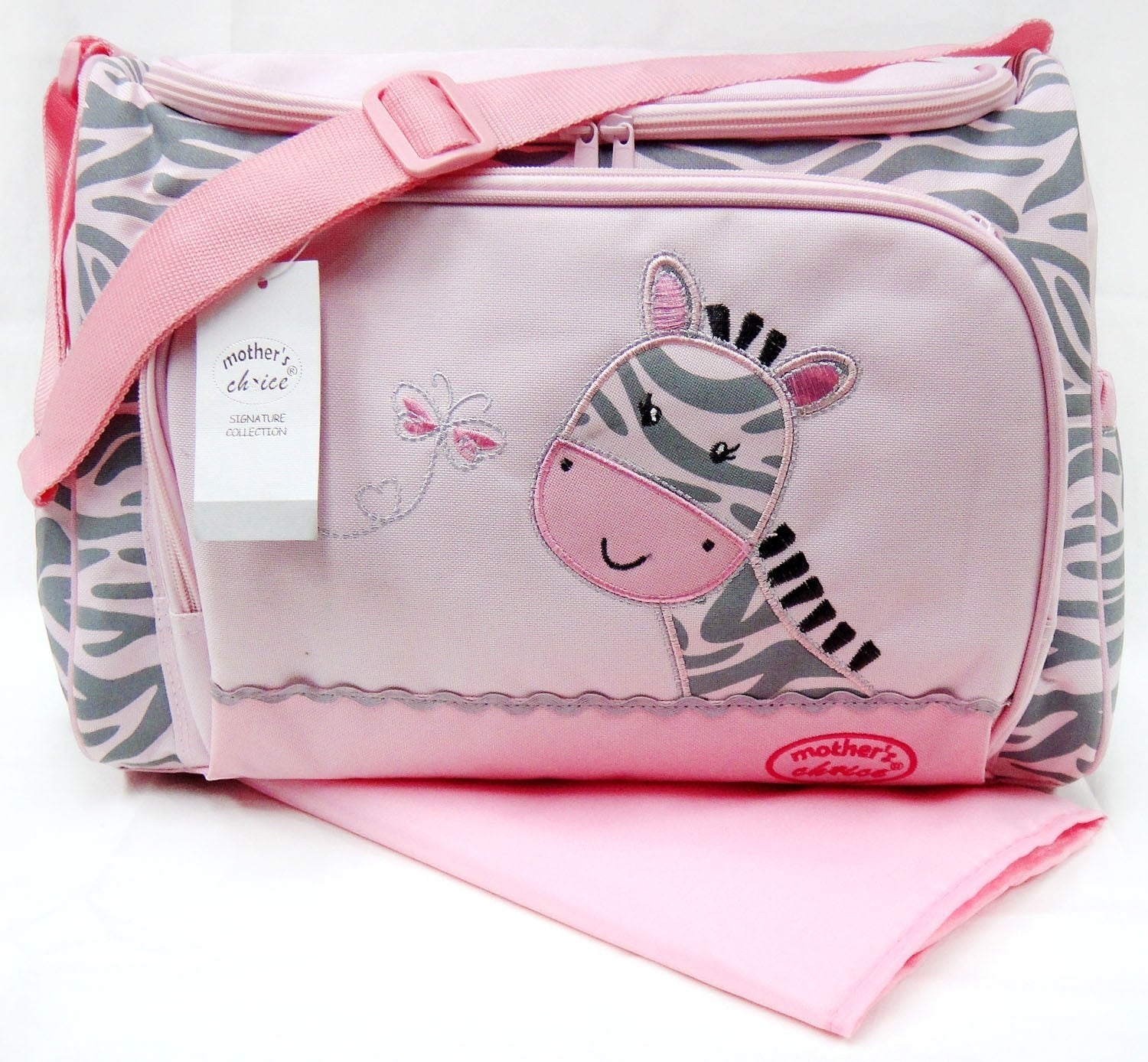 Stork And Baby pink and grey zebra print diaper bag with embroidered giraffe and butterfly detail.